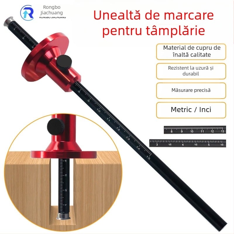 Scriber pentru tâmplărie european — lamă metrică și înci, marcator pentru șlem din lemn, precizie paralelă