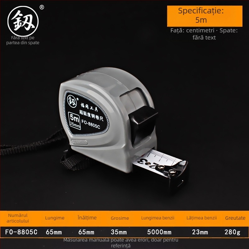 Bandă metrică din oțel, 5 m lungime, lățime bandă 23 mm, carcasă ABS, precizie generală