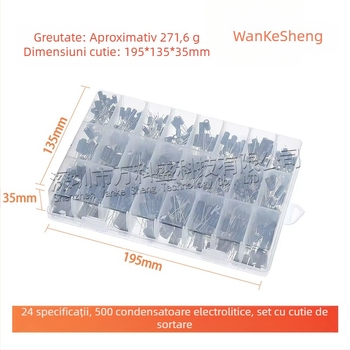 Kit cu cutie de clasificare pentru condensatori electroliți, 500 buc, 24 specificații, interval 0,1–1000 µF
