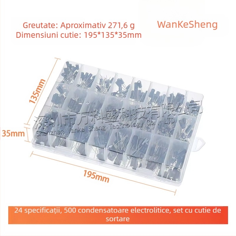 Kit cu cutie de clasificare pentru condensatori electroliți, 500 buc, 24 specificații, interval 0,1–1000 µF