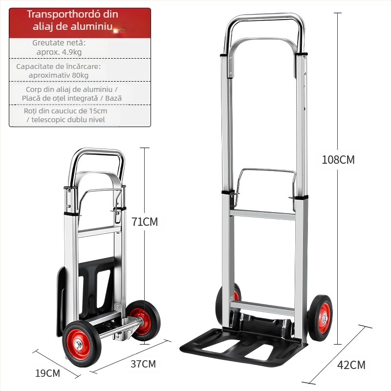 Cărucior pliabil pentru bagaje, din aluminiu ușor, capacitate de încărcare 90 kg, greutate 5 kg, portabil