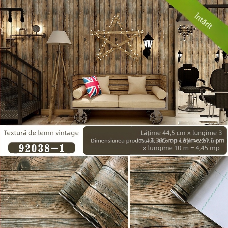 Tapet autoadeziv cu model lemn și efect 3D, stil vintage, material PVC, construcție în trei straturi, rezistent la foc, rezistent la umiditate, antibacterian, rezistent la uzură