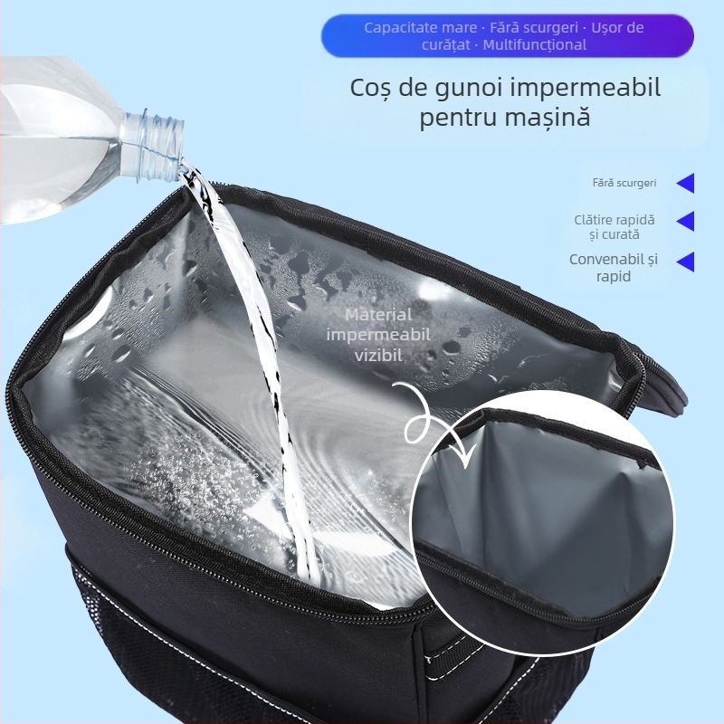 Coș de gunoi pliabil pentru mașină, husă de depozitare suspendată pe scaunul din spate, impermeabil, material 600D Oxford PVC, tip de montare prin suspensie, imprimare logo disponibil, personalizare