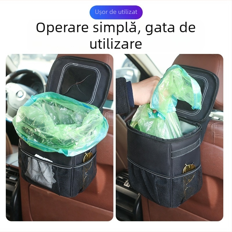 Coș de gunoi pliabil pentru mașină, husă de depozitare suspendată pe scaunul din spate, impermeabil, material 600D Oxford PVC, tip de montare prin suspensie, imprimare logo disponibil, personalizare