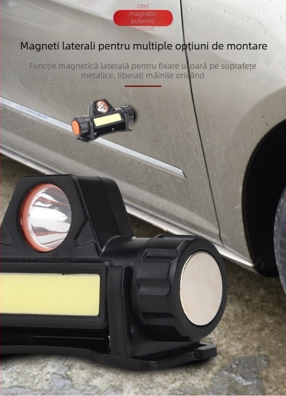 Lampa frontală LED, încărcare USB, autonomie 4 h, greutate 77 g, rază 100–200 m