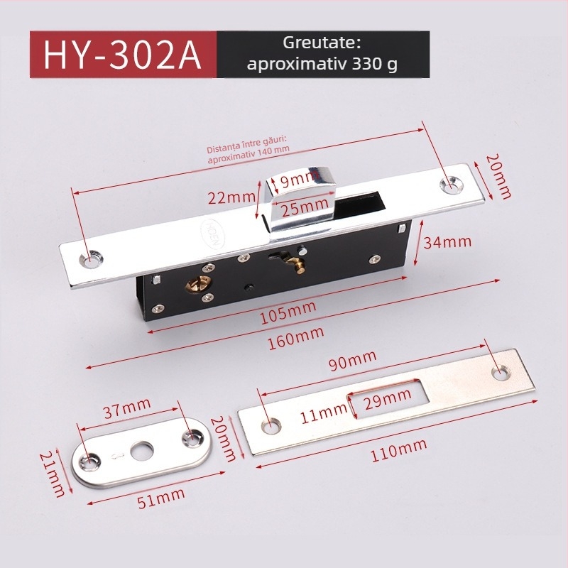 Încuietoare încastrată pentru uși din aluminiu cu sticlă, model HY-302A/HY-302B, din fier, stil modern simplu