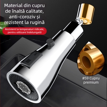 Cap de pulverizator pentru robinet de bucătărie cu extensie rotativă universală și filtru – material: alamă/ABS, control cu o singură manetă, finisaj electroplacare și lac termic, montaj ușor, 0–70°C
