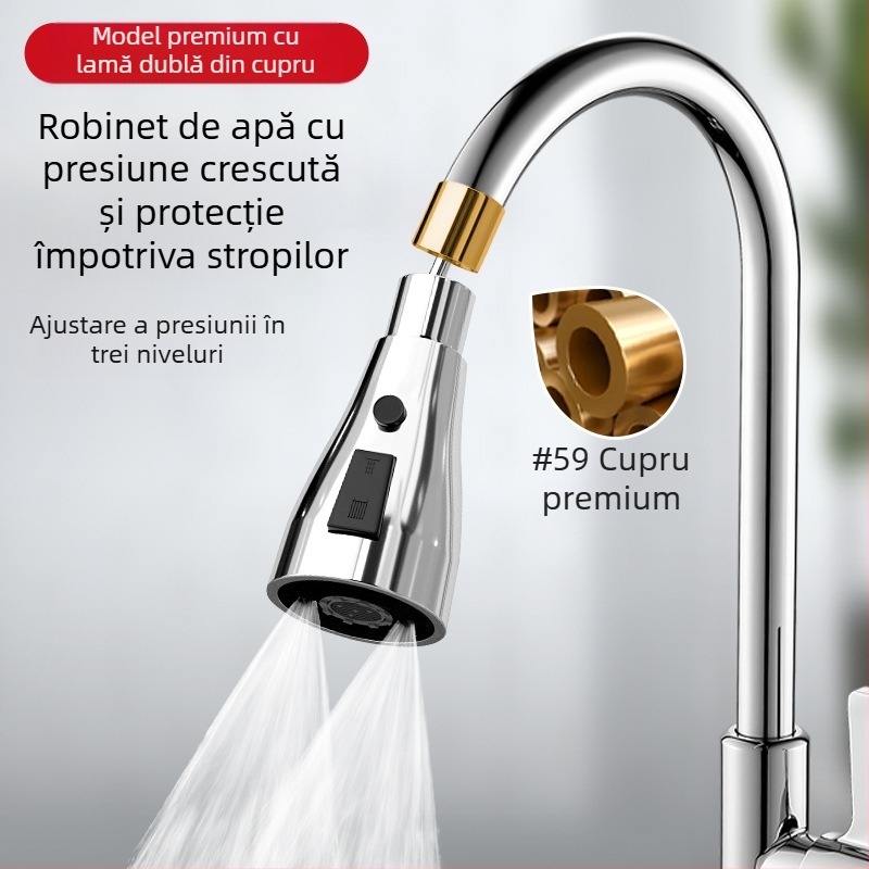 Cap de pulverizator pentru robinet de bucătărie cu extensie rotativă universală și filtru – material: alamă/ABS, control cu o singură manetă, finisaj electroplacare și lac termic, montaj ușor, 0–70°C