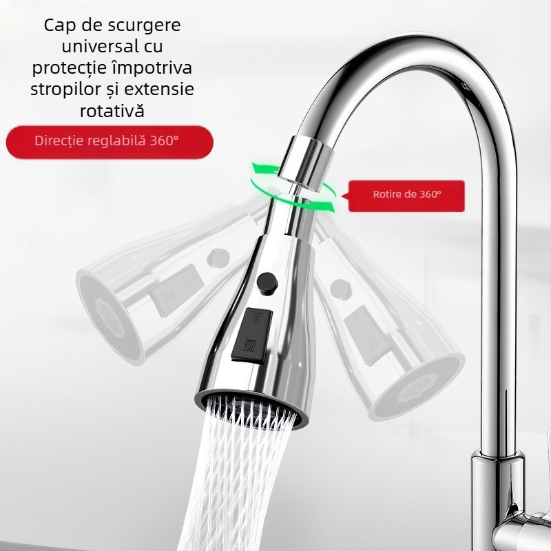 Cap de pulverizator pentru robinet de bucătărie cu extensie rotativă universală și filtru – material: alamă/ABS, control cu o singură manetă, finisaj electroplacare și lac termic, montaj ușor, 0–70°C