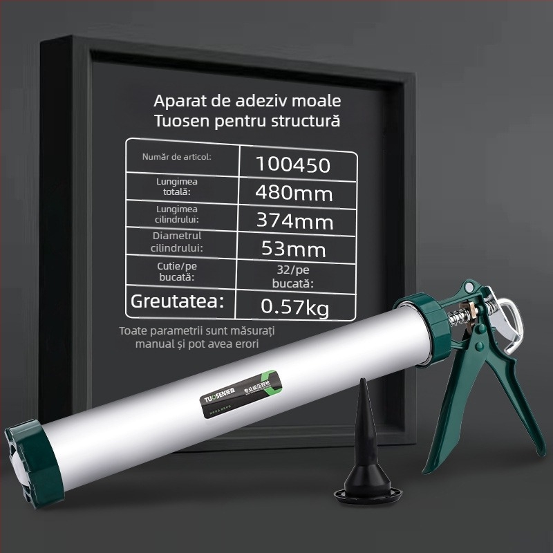Pistol manual de etanșare pentru adeziv structural, capacitate 600 ml, corp din aluminiu, greutate 0,7 kg, potrivit pentru etanșare structurală