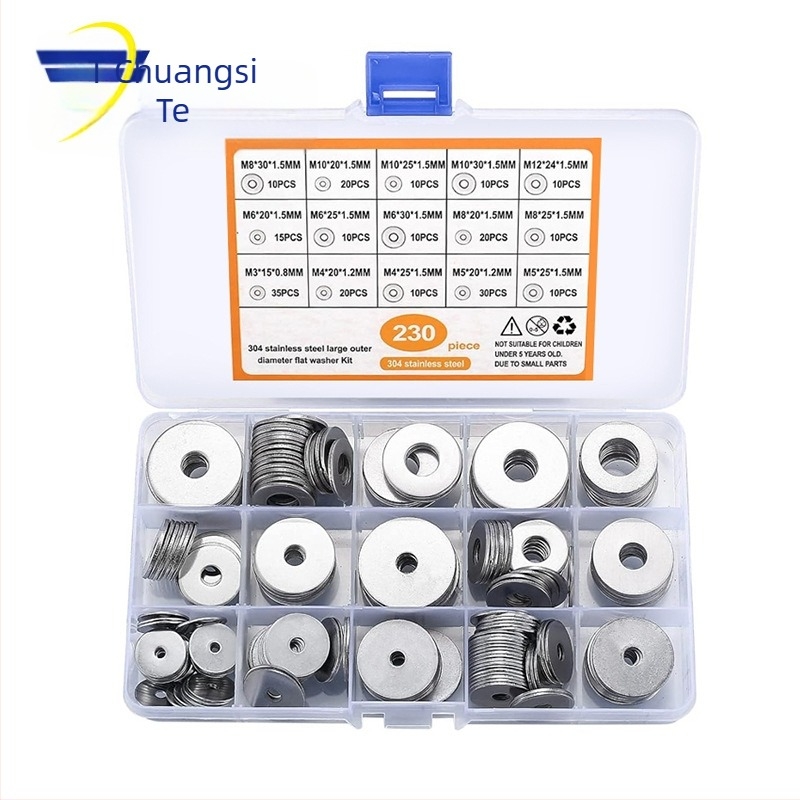Șaibe plane din oțel inoxidabil 304, ambalate în cutie, 230 bucăți, standard GB97/DIN125, Clasa A.