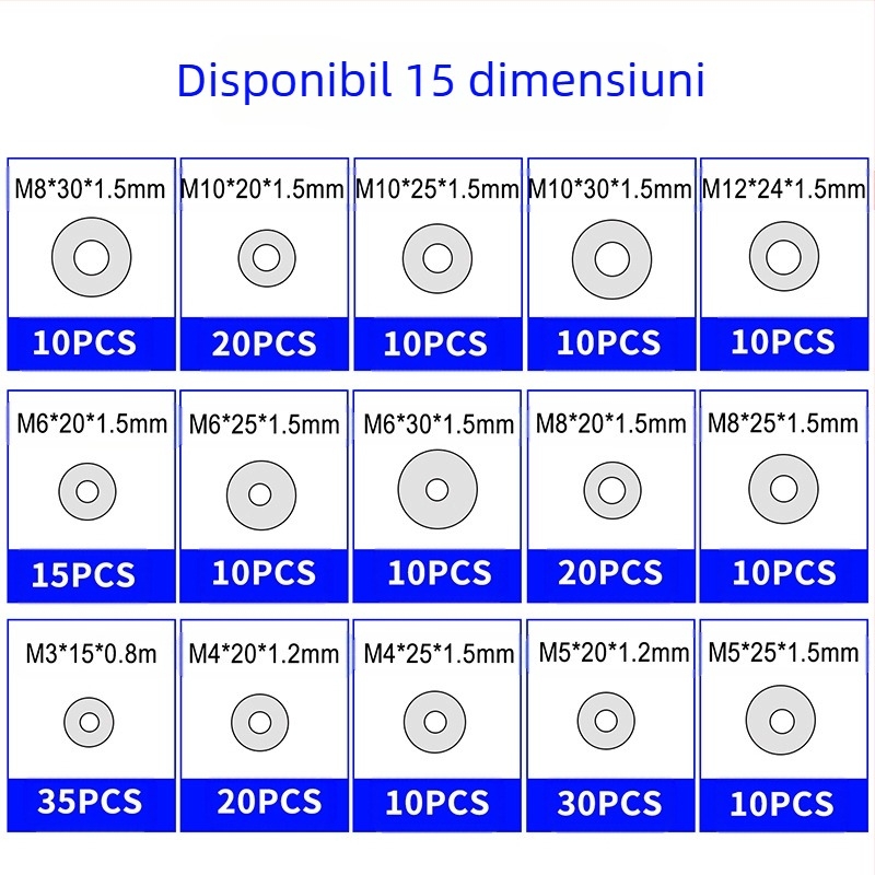 Șaibe plane din oțel inoxidabil 304, ambalate în cutie, 230 bucăți, standard GB97/DIN125, Clasa A.