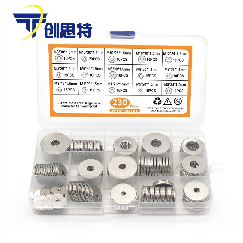 Șaibe plane din oțel inoxidabil 304, ambalate în cutie, 230 bucăți, standard GB97/DIN125, Clasa A.