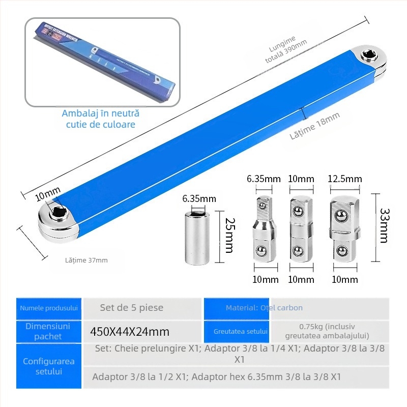 Cheie de extindere reglabilă universală, cu cap dublu, mecanism ratchet; oțel de înalt carbon, electroplatată