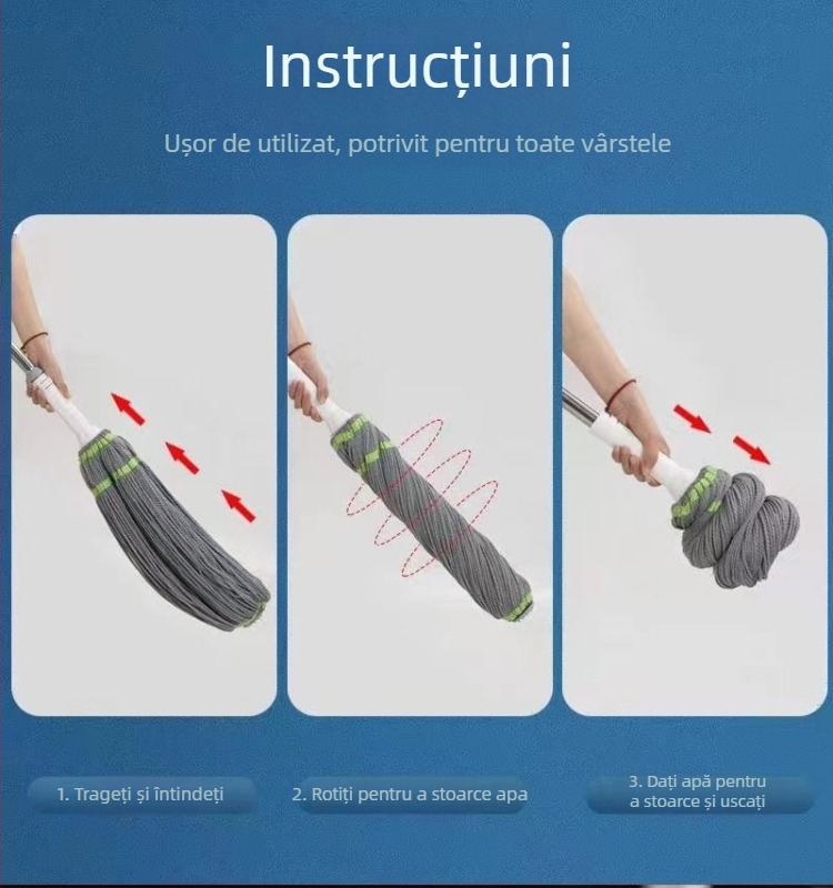 Mop rotativ cu mecanism de stoarcere prin răsucire – cap microfibră, tijă din oțel inoxidabil, lungime telescopică 84–130 cm, rată de stoarcere 80–90%