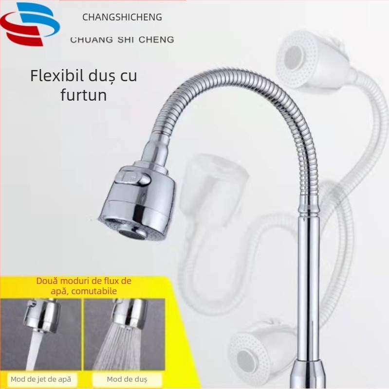 Aerator pentru robinet bucătărie cu cot universal rotativ — ABS + oțel inoxidabil, funcție ploaie, instalare prin conducte, model FGR545745, 1–90°C