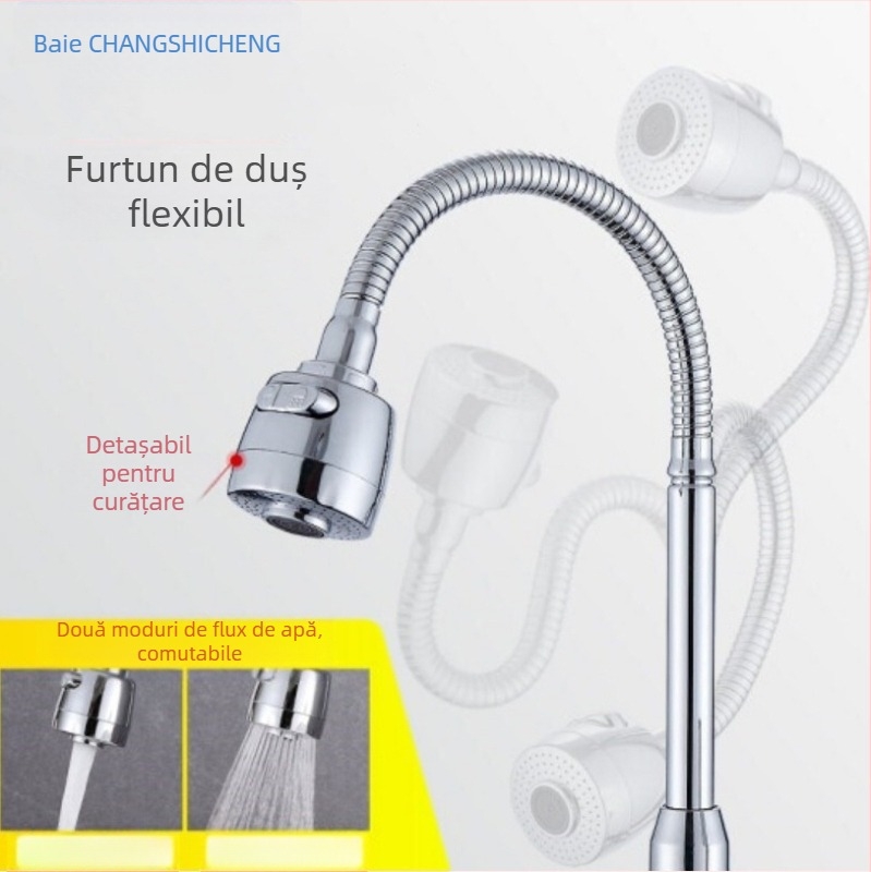 Aerator pentru robinet bucătărie cu cot universal rotativ — ABS + oțel inoxidabil, funcție ploaie, instalare prin conducte, model FGR545745, 1–90°C