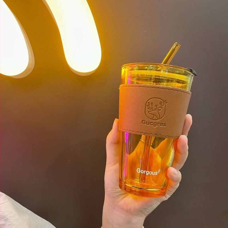 Pahar din sticlă cu pereți dubli, stil coreean, cu pai, sigilare etanșă