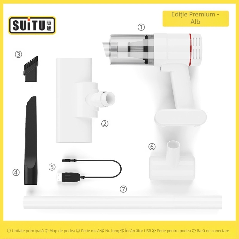 Aspirator portabil fără fir pentru mașină și casă, motor fără perii, aspirație puternică 16000 Pa, 50 W, baterie reîncărcabilă