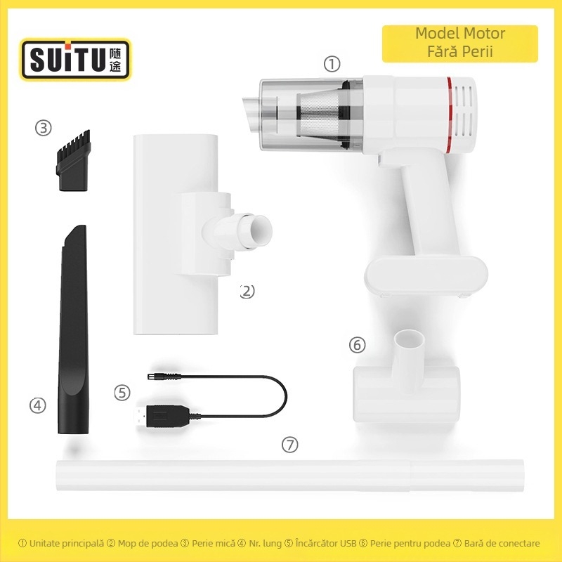 Aspirator portabil fără fir pentru mașină și casă, motor fără perii, aspirație puternică 16000 Pa, 50 W, baterie reîncărcabilă