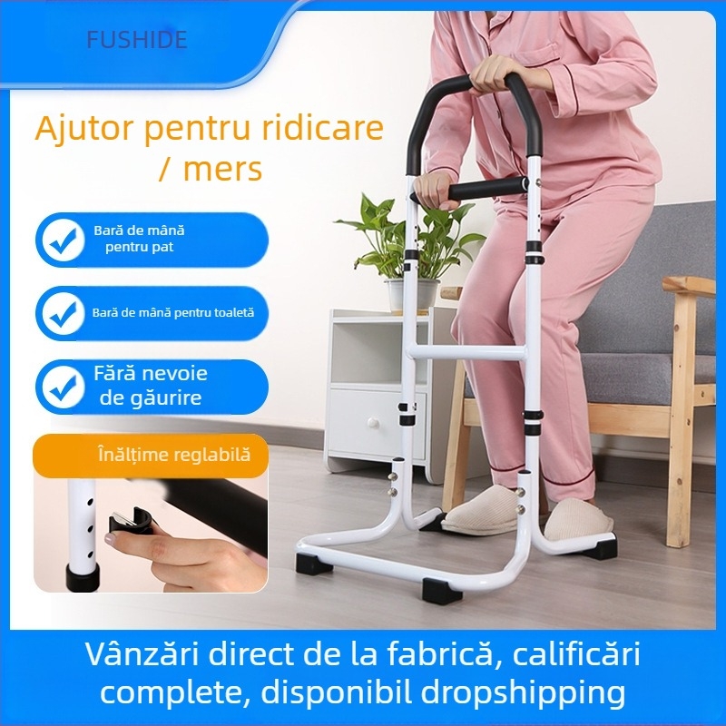 Bară de sprijin la marginea patului pentru persoanele în vârstă, cu braț pentru toaletă — montaj fără găuri, aliaj de aluminiu, model YC1226