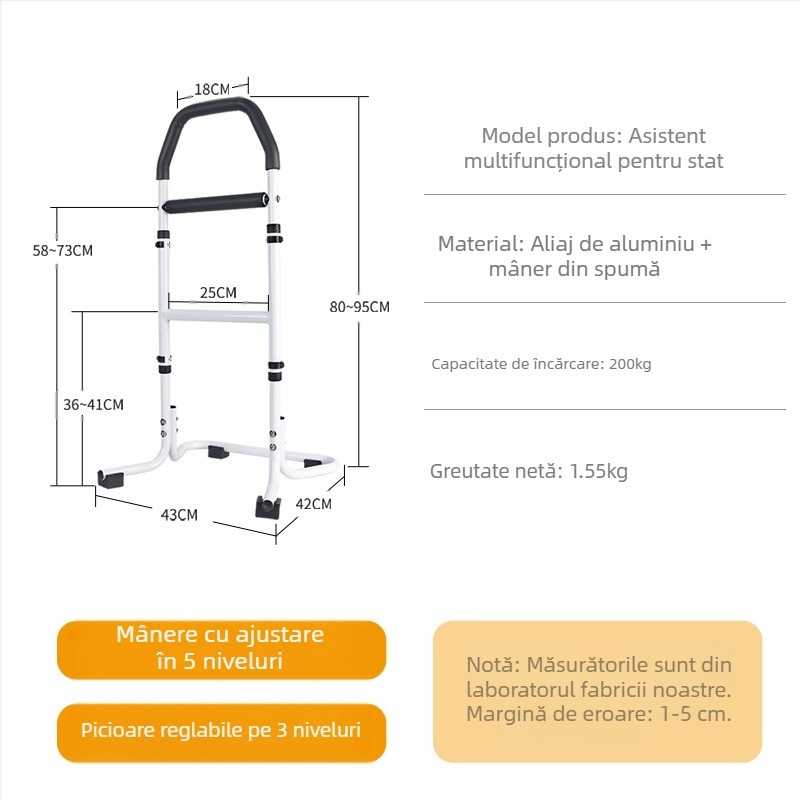 Bară de sprijin la marginea patului pentru persoanele în vârstă, cu braț pentru toaletă — montaj fără găuri, aliaj de aluminiu, model YC1226