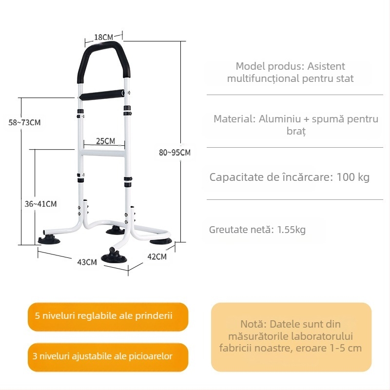 Bară de sprijin la marginea patului pentru persoanele în vârstă, cu braț pentru toaletă — montaj fără găuri, aliaj de aluminiu, model YC1226
