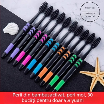 Periuță de dinți cu cărbune de bambus pentru adulți, peri ultra-fini moi, ambalare individuală, pachet de 30