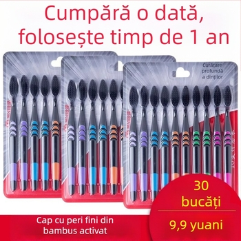 Periuță de dinți cu cărbune de bambus pentru adulți, peri ultra-fini moi, ambalare individuală, pachet de 30