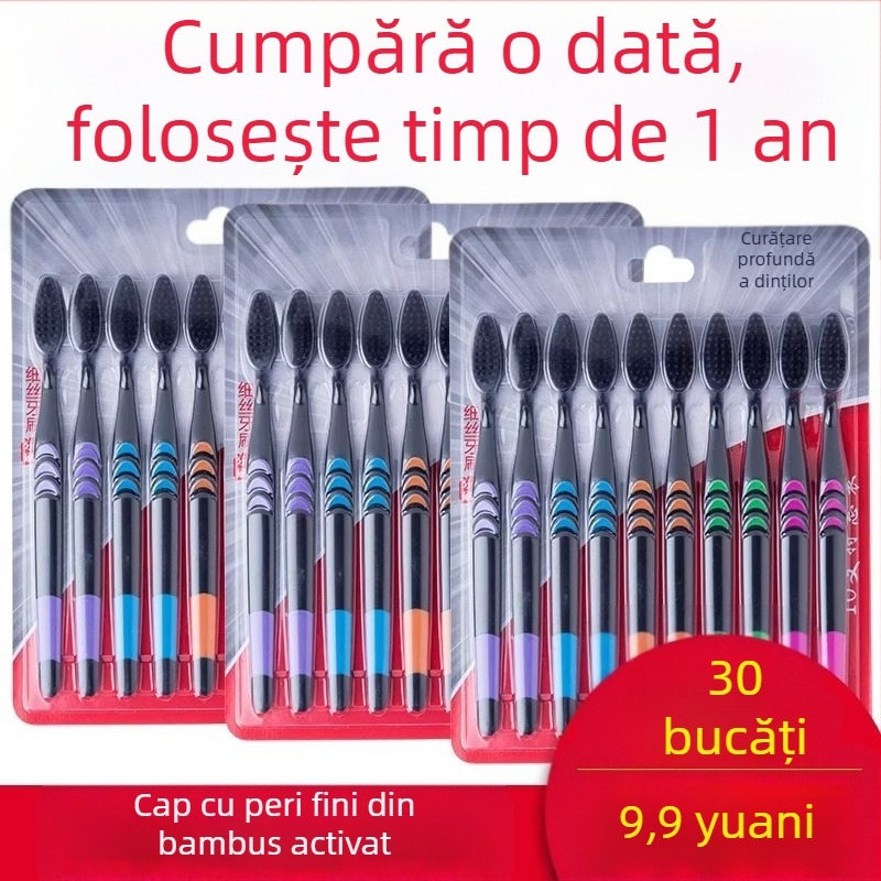 Periuță de dinți cu cărbune de bambus pentru adulți, peri ultra-fini moi, ambalare individuală, pachet de 30