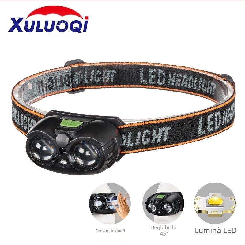 Frontala USB reîncărcabilă cu LED XPG, portabilă, rază 100–200 m, baterie Li‑ion încorporată 14500 400 mAh, generare energie prin apăsare manuală