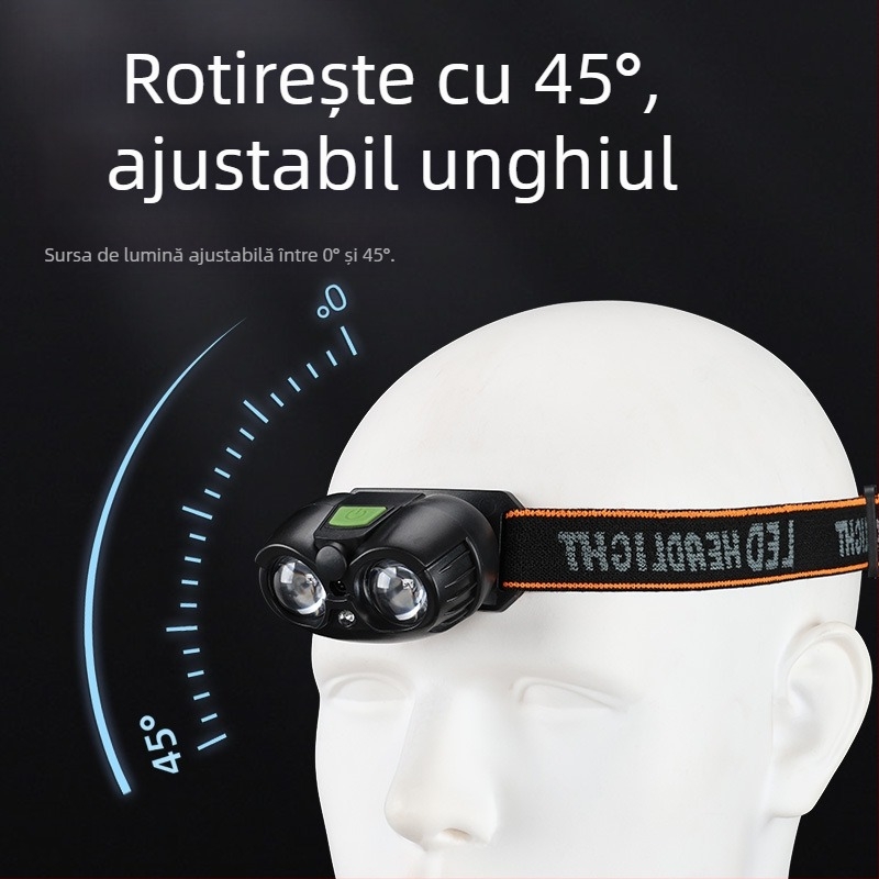 Frontala USB reîncărcabilă cu LED XPG, portabilă, rază 100–200 m, baterie Li‑ion încorporată 14500 400 mAh, generare energie prin apăsare manuală