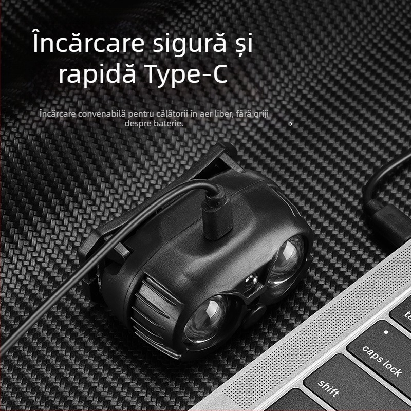 Frontala USB reîncărcabilă cu LED XPG, portabilă, rază 100–200 m, baterie Li‑ion încorporată 14500 400 mAh, generare energie prin apăsare manuală