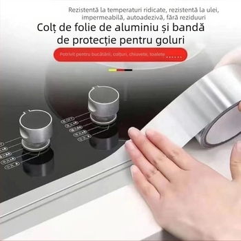 Bandă din folie de aluminiu pentru bucătărie, impermeabilă și rezistentă la ulei, antifungică, cu aderență mare, substrat folie de aluminiu, grosime 0,07 mm, adeziv pe bază de apă, 80°C pe termen lung, 120°C pe termen scurt