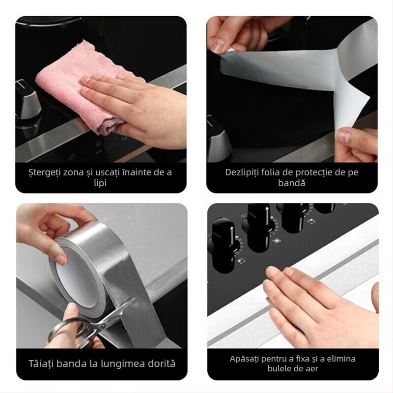 Bandă din folie de aluminiu pentru bucătărie, impermeabilă și rezistentă la ulei, antifungică, cu aderență mare, substrat folie de aluminiu, grosime 0,07 mm, adeziv pe bază de apă, 80°C pe termen lung, 120°C pe termen scurt