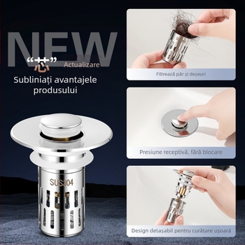 Dop de scurgere pentru chiuvetă (US standard) cu nucleu din cupru, filtru din oțel inoxidabil 304, finisaj ABS placat cu cupru — Model E1