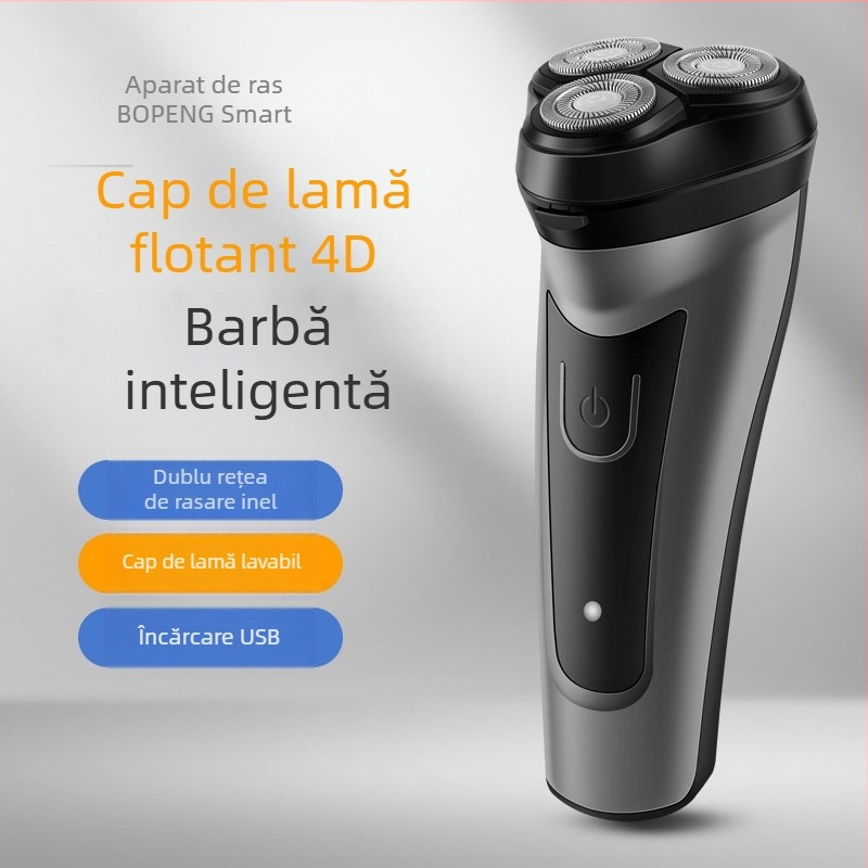 Aparat de ras electric cu cap rotativ cu 3 lame plutitoare; lavabil; baterie încorporată 500–800 mAh; motor de 3W; autonomie până la 60 de minute.