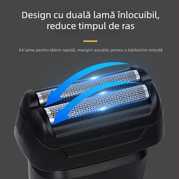 Aparat de ras electric cu cap reciproc cu două lame; corp complet lavabil; afișaj LED; încărcare USB; autonomie baterie 1 oră.