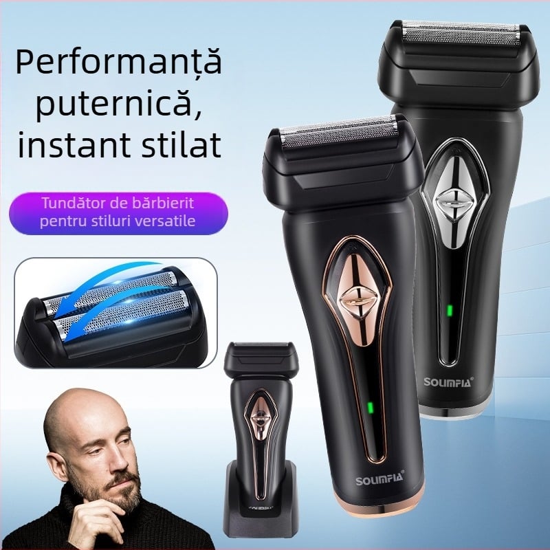 Aparat de ras electric cu cap reciproc cu două lame; corp complet lavabil; afișaj LED; încărcare USB; autonomie baterie 1 oră.