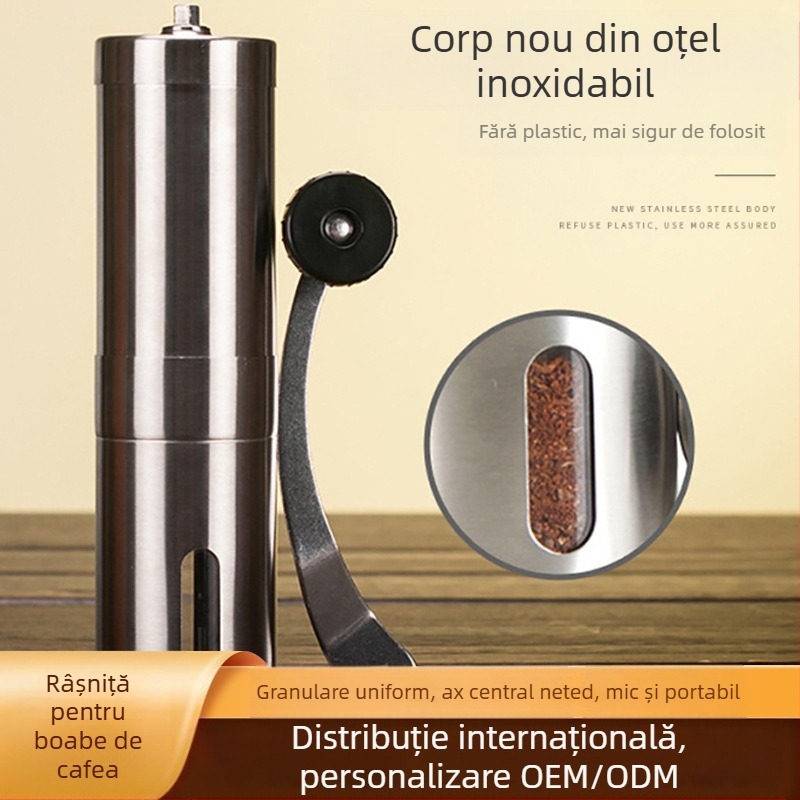 Râșniță manuală portabilă pentru cafea din oțel inoxidabil, prelucrare personalizată și logo gravat cu laser – Brand T.J