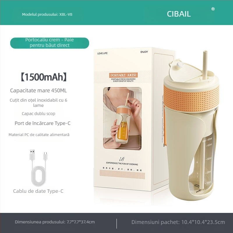 Storcător de fructe portabil, fără fir, cu viteză mare 12001–15000 rpm, capacitate 401–600 ml, 50W, baterie încorporată, plastic PC alimentar