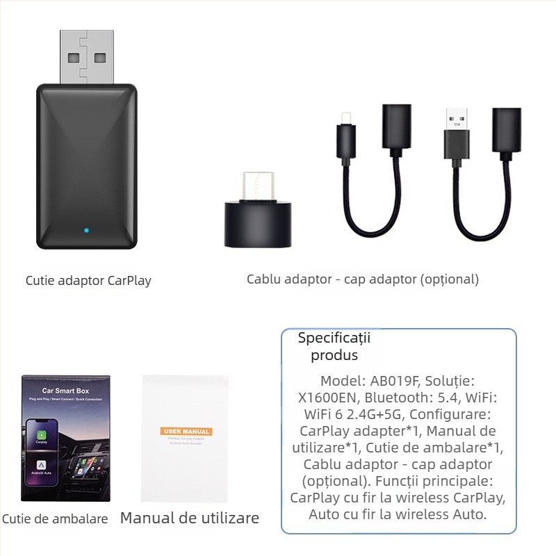 Adaptor CarPlay wireless cu Android Auto wireless pentru navigație auto (Greutate: 70 g; Material: Plastic; Model: AB019; Brand: Thunder code; Compatibil cu 98% dintre modelele de mașini)