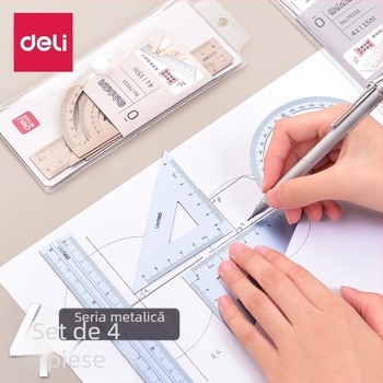 Deli 79532 set rigle metalice cu goniometru pentru elevi, din aliaj de aluminiu
