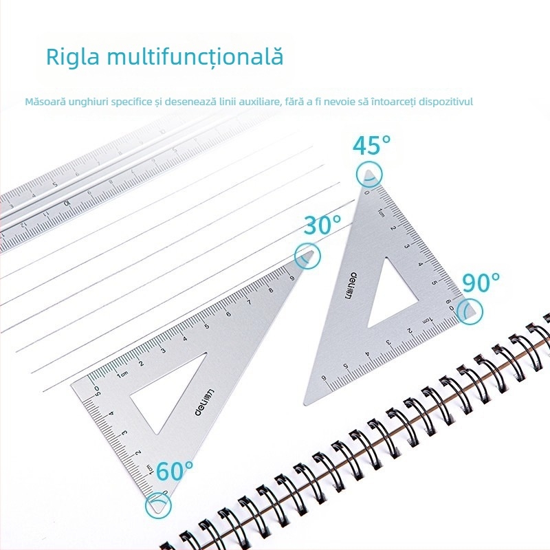 Deli 79532 set rigle metalice cu goniometru pentru elevi, din aliaj de aluminiu