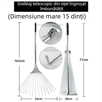 Greblă extensibilă pentru iarbă din oțel inoxidabil, reglabilă, cu dinți multipli, model DCAO-003