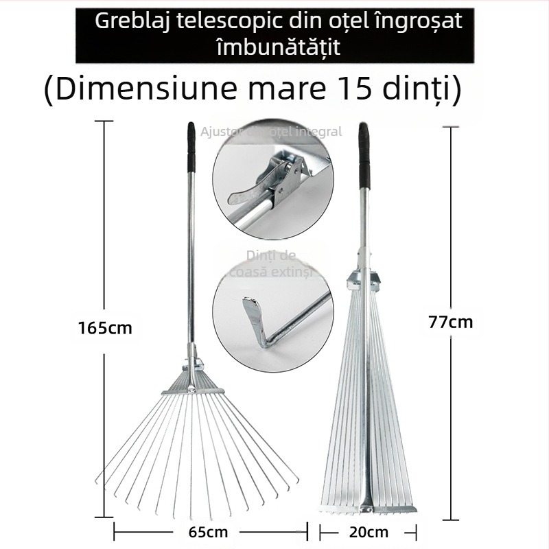 Greblă extensibilă pentru iarbă din oțel inoxidabil, reglabilă, cu dinți multipli, model DCAO-003
