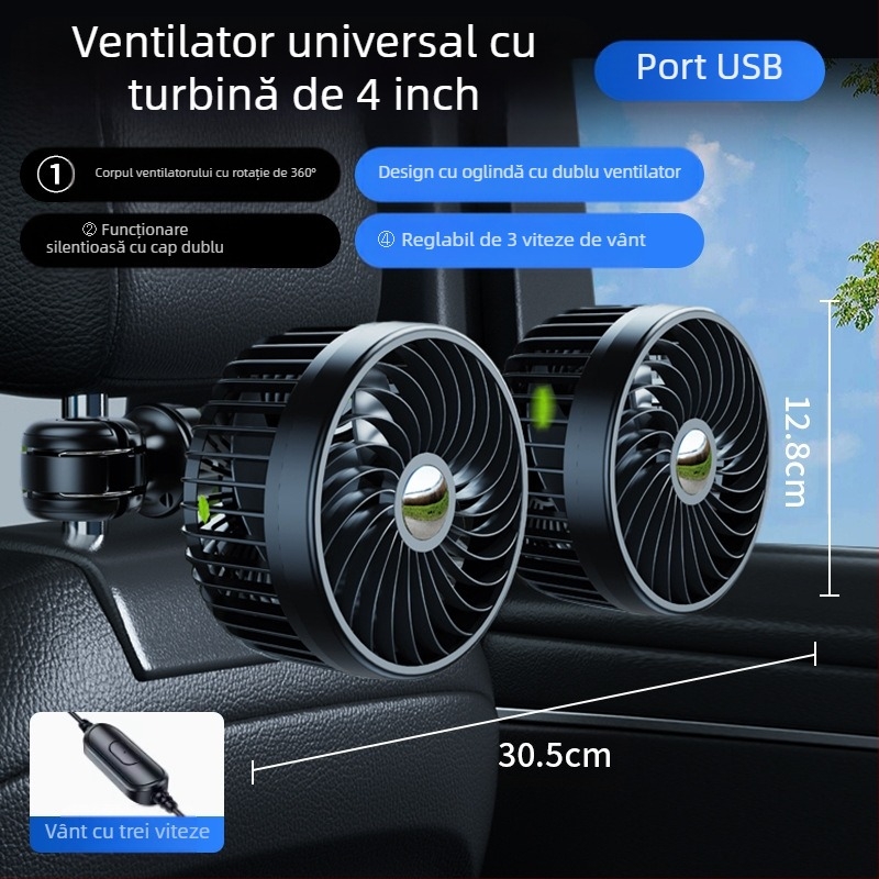 Ventilator auto pentru partea din spate cu două capete, 20W, ABS, răcire