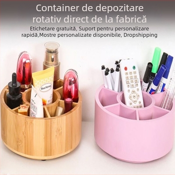 Organizator de birou din lemn, rotativ, cu compartimente multiple, design circular