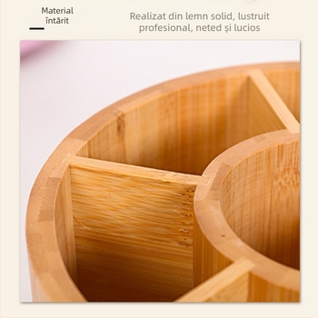 Organizator de birou din lemn, rotativ, cu compartimente multiple, design circular