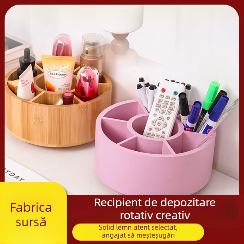 Organizator de birou din lemn, rotativ, cu compartimente multiple, design circular
